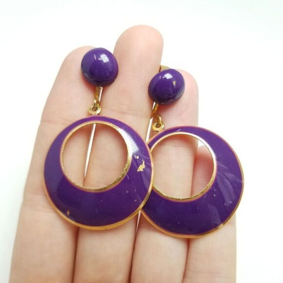 Vintage Purple Enamel Dangle Door Knocker Clip On Earrings, Retro 80s Style - Picture 1 of 6